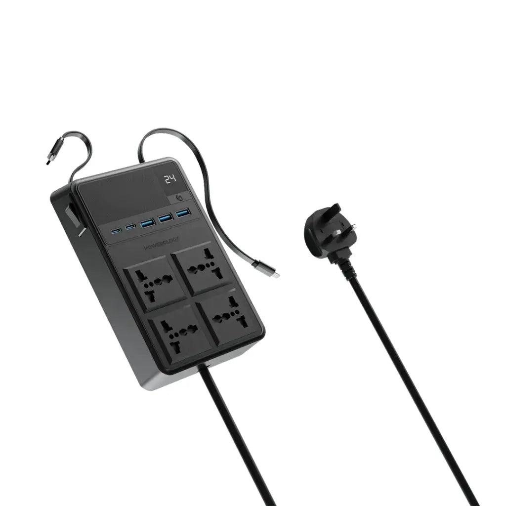 Powerology 2500W Power Strip with 4 AC Ports & Retractable Cables