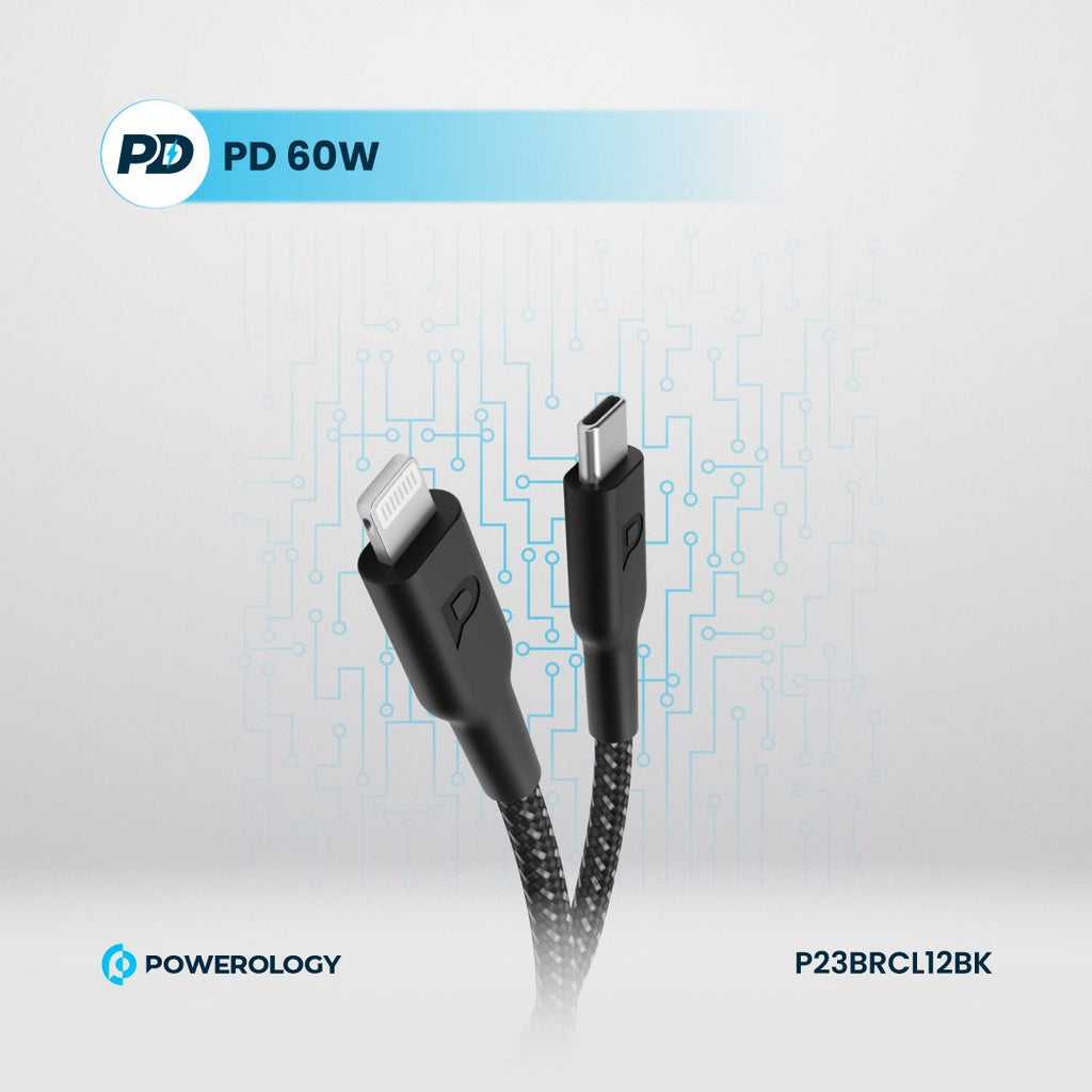 كابل Powerology مضفر PD 60W Type-C إلى Lightning بطول 1.2م