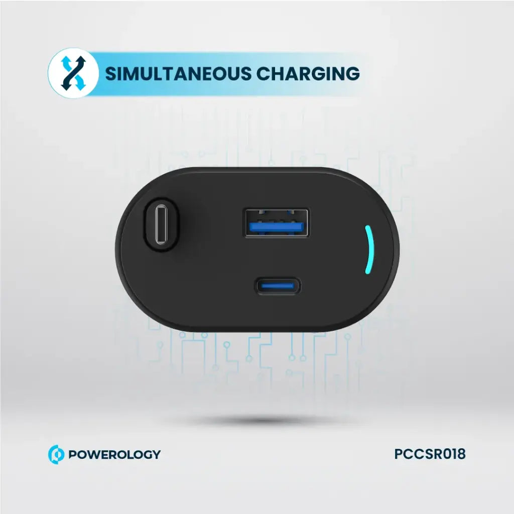 Powerology Type-C Retractable Car Charger 70W - Black