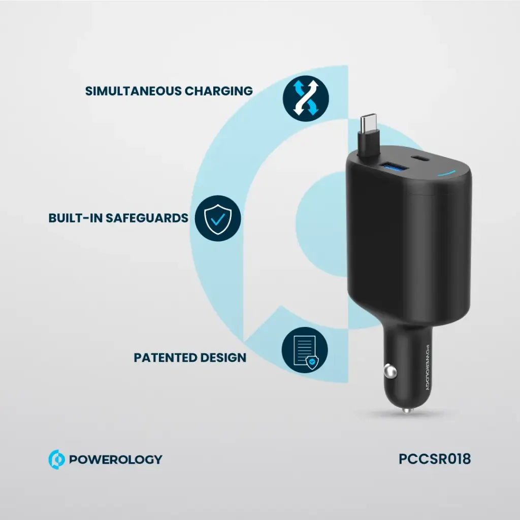 Powerology Type-C Retractable Car Charger 70W - Black