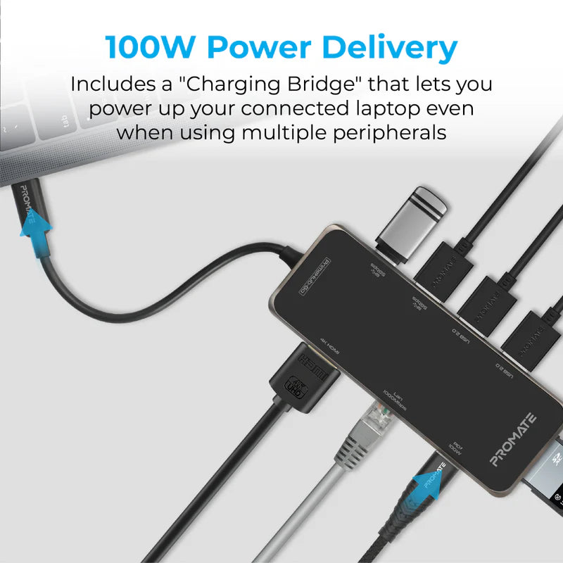 Promate PrimeHub-Go 9 In 1 Type-C Adapter 100W Power Delivery