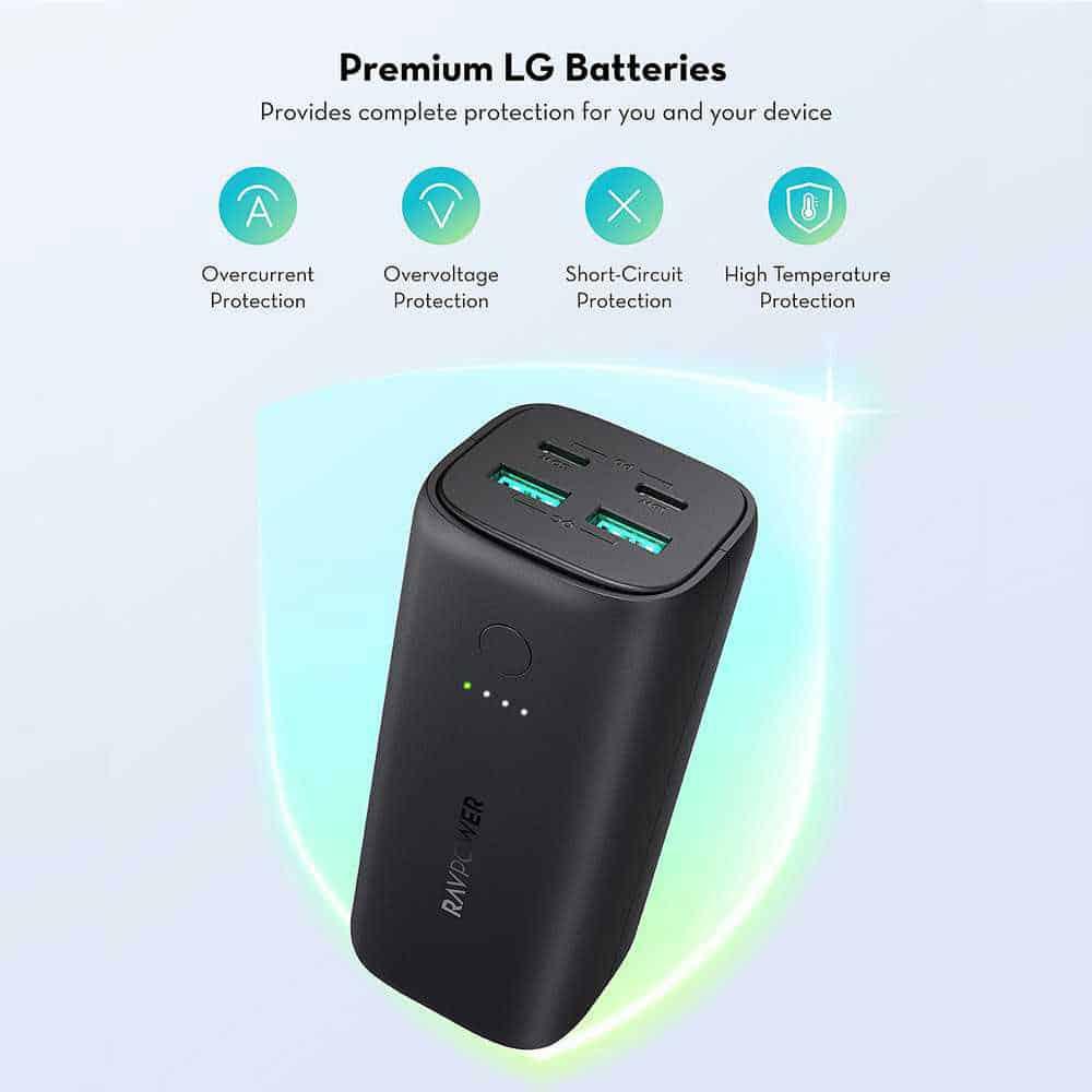 باور بانك من ريف باور سعة 20000 مللي أمبير في الساعة بقدرة 48 وات و4 منافذ - أسودPD