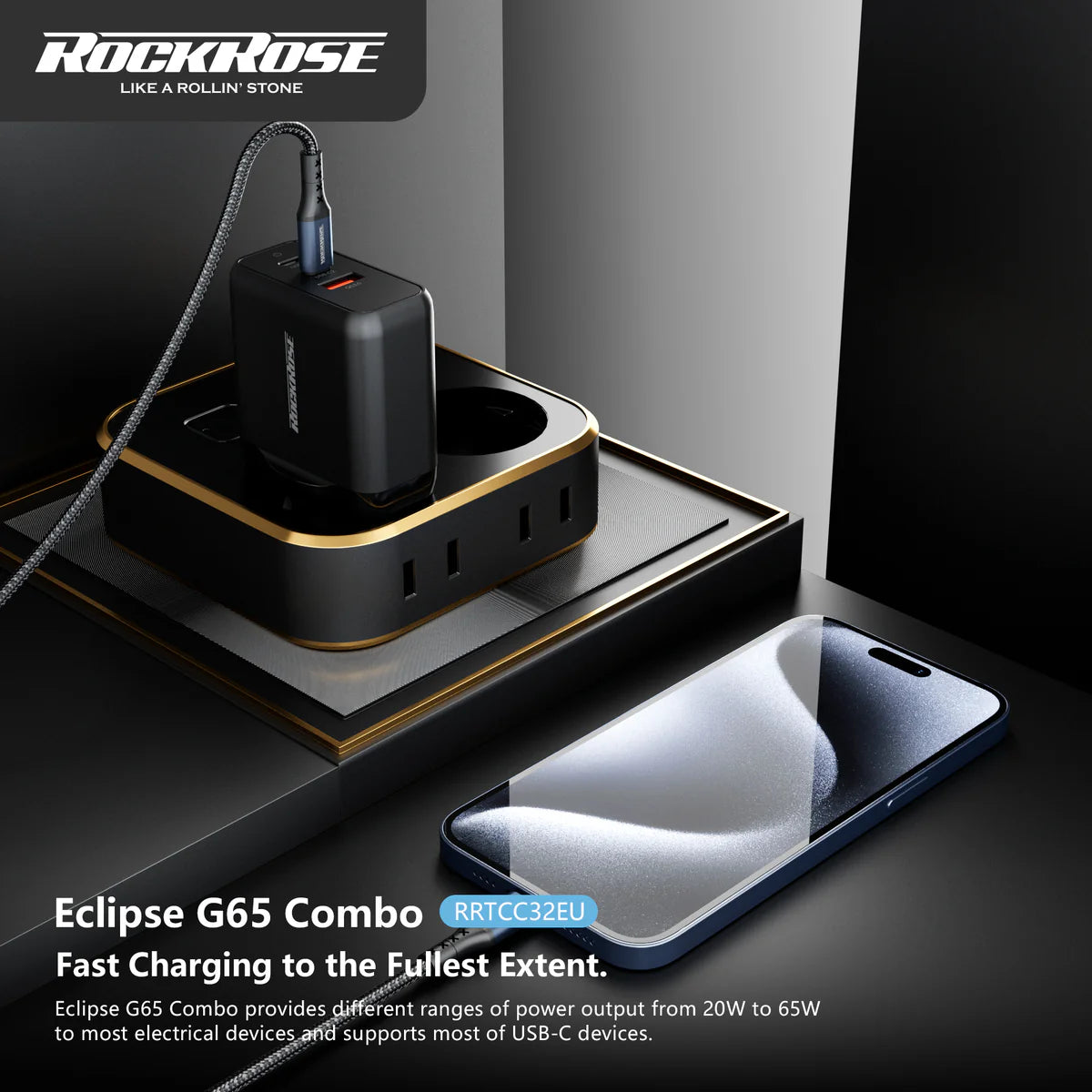 RockRose 65W PD & QC 3.0 3 Port 1M USB C to USB C Cable