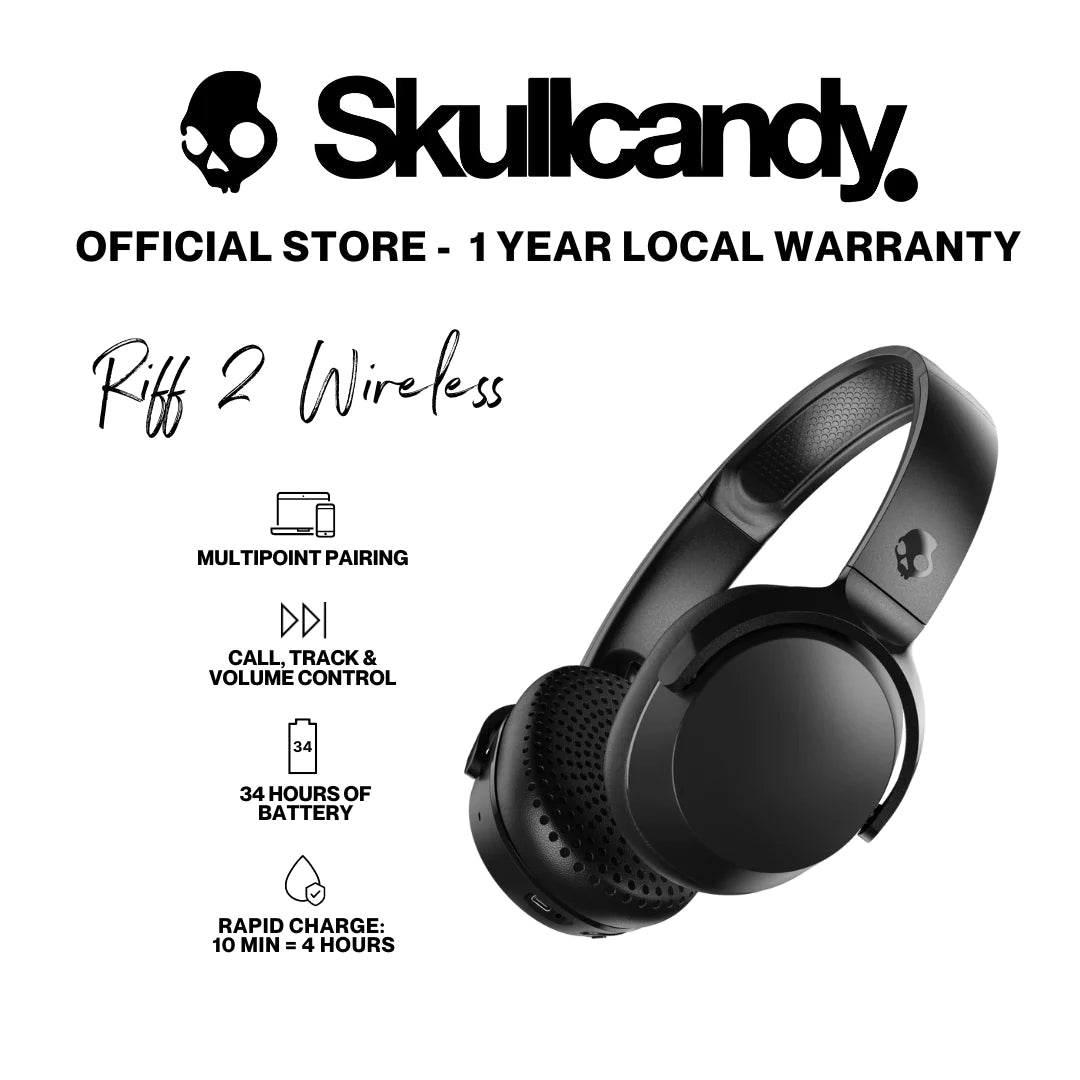 سماعات رأس Skullcandy Riff 2 اللاسلكية فوق الأذن: بطارية تدوم 34 ساعة، ميكروفون - أسود