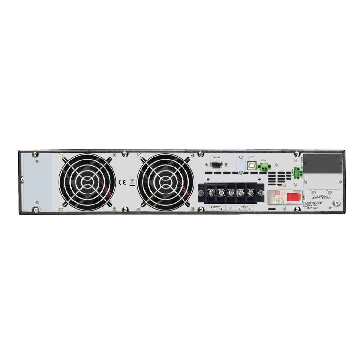 جهاز APC SRV6KRILRK Easy UPS On-Line بقدرة 6 كيلو فولت أمبير/6 كيلو واط، يُركّب في رف 5U، يعمل بجهد 230 فولت.