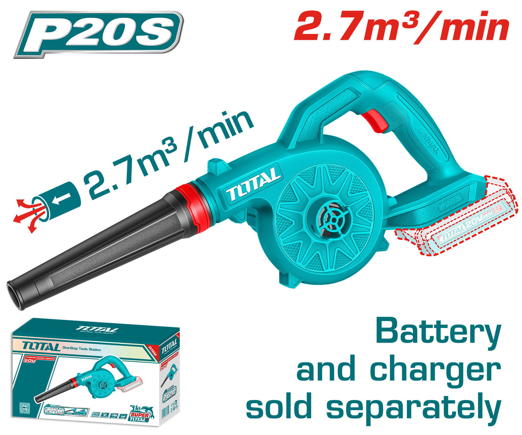 TOTAL 20V Cordless Blower | 18,000 RPM | 2.7 m³/min | Tool Only – No Battery & Charger | TABLI2078