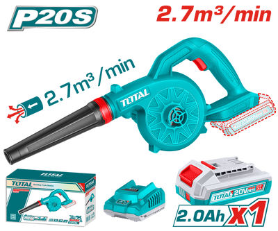 TOTAL Cordless Blower with 2.0Ah Battery and Charger – 20V, 18000rpm, 2.7 m³/min Air Volume (TABLI20781)