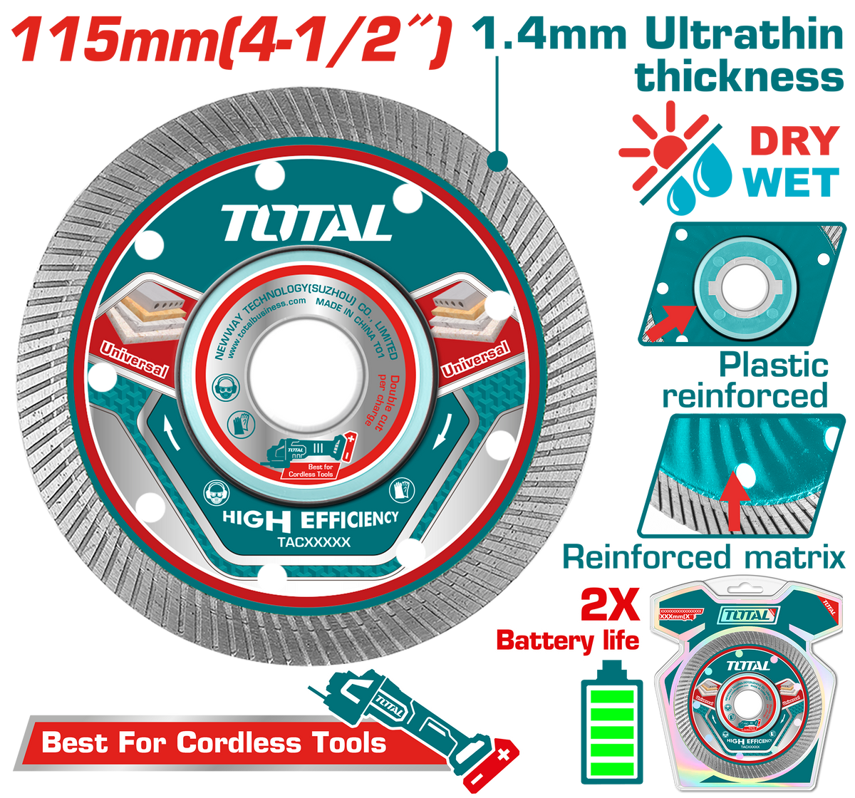 TOTAL Ultrathin Diamond Cutting Disc 115mm (4-1/2") × 22.2mm – 10mm Width, 1.4mm Thickness, High Efficiency (TAC2151151)