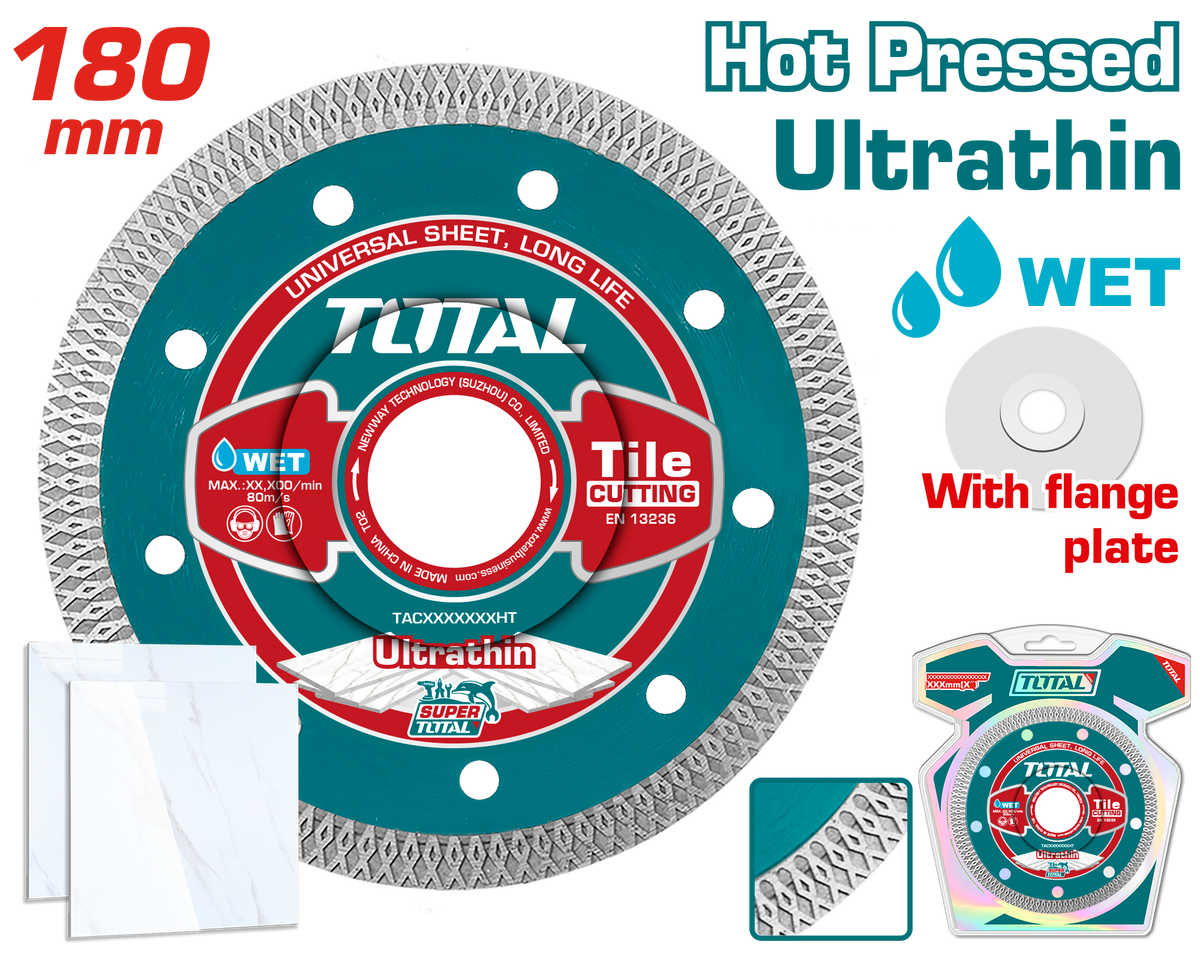 TOTAL Ultrathin Diamond Cutting Disc - Mesh Rim 180mm | 7" × 22.2mm – 10mm Height, 1.8mm Thickness (TAC2181801HT)