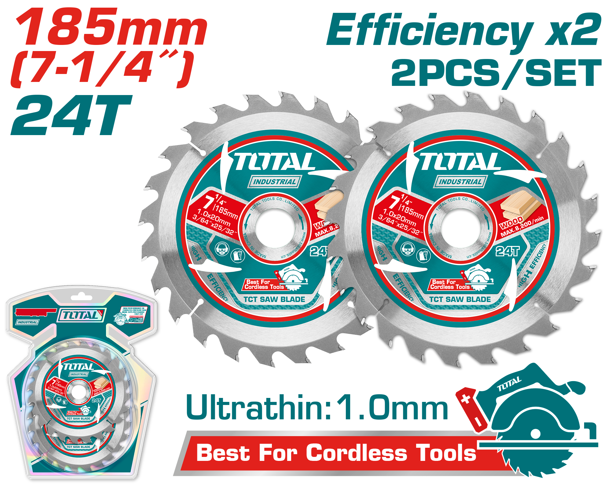 TOTAL 185mm TCT Saw Blade Set – 2pcs, 24T (TAC2331853)