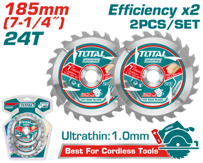 TOTAL 185mm TCT Saw Blade Set – 2pcs, 24T (TAC2331853)