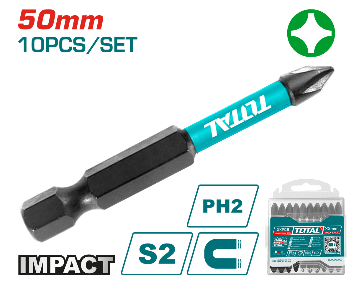 TOTAL Impact Screwdriver Bits Set – PH2 50mm / 10pcs with Shock Zone & Magnetic Tip (TACIM16PH223)