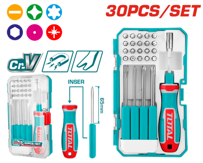 TOTAL 30 Pcs Interchangeable Screwdriver & Bits Set – Cr-V Steel (TACSD30306)