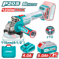 TOTAL Cordless Angle Grinder – Brushless Motor, 20V, 1200W, 115mm Disc, 3000–9000rpm, with 5.0Ah Batteries & Charger (TAGLI2211532)