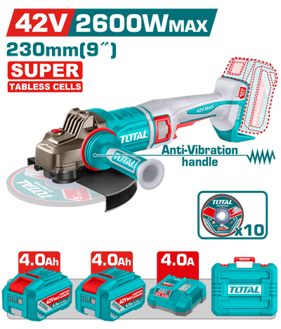 TOTAL 42V Brushless Cordless Angle Grinder 230mm – 2600W with 2 Batteries & Charger (TAGLI4260182)