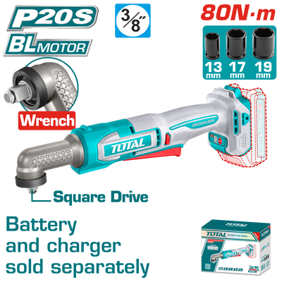 TOTAL 20V Cordless Angle Impact Wrench 3/8" Brushless – 80Nm Right Angle Design (TAIWLI2081)