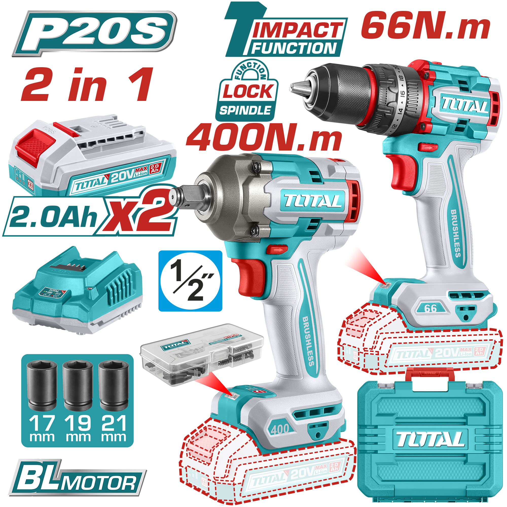 TOTAL 20V Combo Kit: Brushless Drill 66Nm & Wrench 400Nm