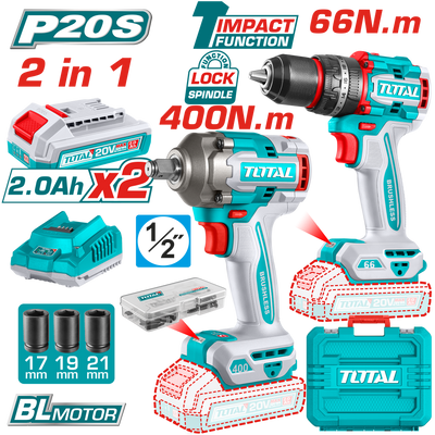 TOTAL 20V Combo Kit: Brushless Drill 66Nm & Wrench 400Nm