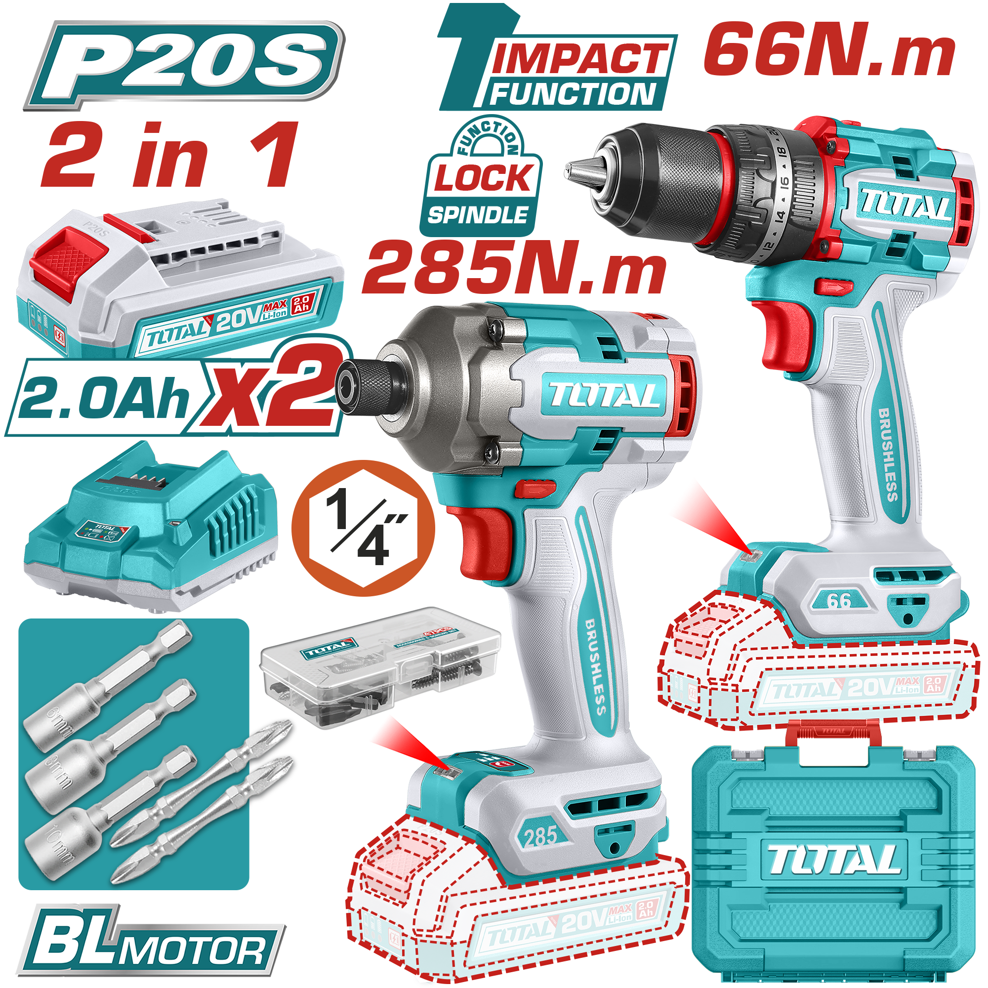 TOTAL 20V Cordless Drill & Impact Driver Kit | Brushless