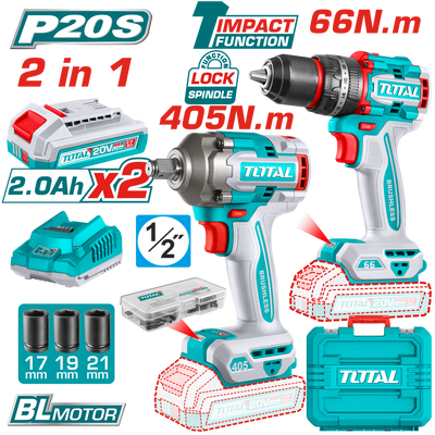 Total 20V 2-Piece Charging Kit - Brushless Drill & Impact Wrench with 2 Batteries (TCKLI20286)