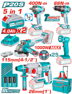 TOTAL Cordless 5 Pcs Industrial Combo Kit – 20V Brushless Power Tools (TCKLI20592)