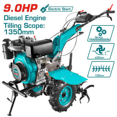 TOTAL Diesel Tiller – 9HP Gear-Driven Cultivator, Electric & Recoil Start (TDC13501D)