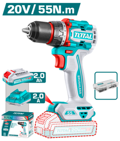 TOTAL 20V Compact Brushless Cordless Drill 55Nm – 13mm Metal Chuck with 47 Accessories & Battery (TDLI205582)
