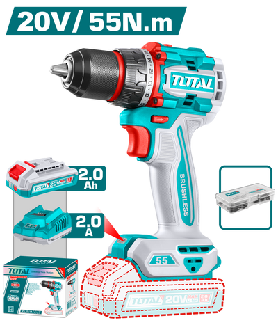 TOTAL 20V Compact Brushless Cordless Drill 55Nm – 13mm Metal Chuck with 47 Accessories & Battery (TDLI205582)