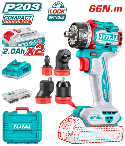 TOTAL 20V Brushless Cordless Multi-Head Drill Driver Kit – 66Nm with 4 Interchangeable Heads (TDLI206686)