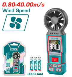 TOTAL Digital Anemometer – Air Speed Range 0.80–40.00 m/s, Backlight, Data Hold, Battery Included (TETAN031)