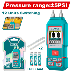 TOTAL Digital Differential Manometer ±5 PSI – Air Pressure Gauge with Backlit Display & 11 Measurement Units (TETGA032)
