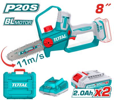 TOTAL Cordless Pruner Saw 20V Brushless – 20cm | 8" Bar with 2 Batteries (TGSLI20882)