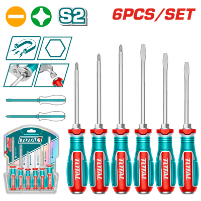 TOTAL 6 Pcs Go-Through Screwdriver Set – Heavy-Duty S2 Steel with Hex Shank (TGTST0606)