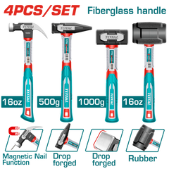 TOTAL 4Pcs Hammer Set – Claw, Machinist, Stoning & Rubber Hammer with Fiberglass Handles (THCH6004)