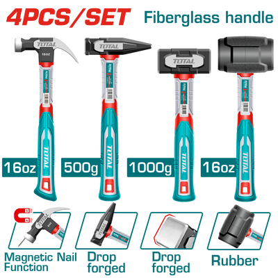 TOTAL 4Pcs Hammer Set – Claw, Machinist, Stoning & Rubber Hammer with Fiberglass Handles (THCH6004)