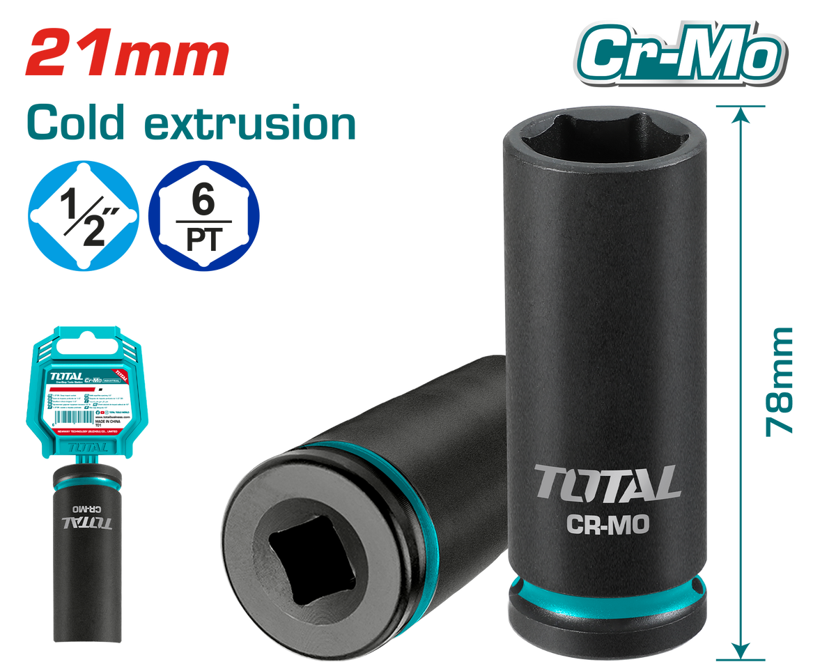 TOTAL 1/2" Drive Deep Impact Socket 21mm – Cr-Mo Heavy Duty Socket (THDIS12212L)