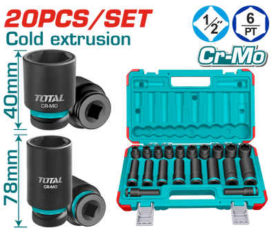 TOTAL 20 Pcs 1/2" Drive Impact Socket Set – Cr-Mo Impact Sockets with Carrying Case (THKISD12203L)