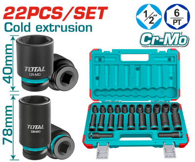 TOTAL 22 Pcs 1/2" Drive Impact Socket Set – Standard & Deep Cr-Mo Sockets (THKISD12221L)