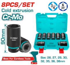 TOTAL 8 Pcs 3/4" Deep Impact Socket Set – Cr-Mo, 90mm Length (THKISD34082L)