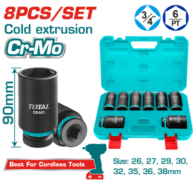 TOTAL 8 Pcs 3/4" Deep Impact Socket Set – Cr-Mo, 90mm Length (THKISD34082L)