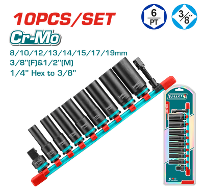 TOTAL 10 Pcs 3/8" DR. Deep Impact Socket Set (THKISD38106L)