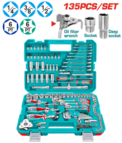 TOTAL 135 Pcs Combination Tool Set – With Sockets, Wrenches, Pliers & Carry Case (THKTHP21356)