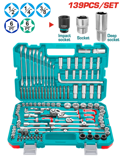 TOTAL 139 Pcs Combination Tools Set – Complete Socket & Wrench Kit (THKTHP21396)