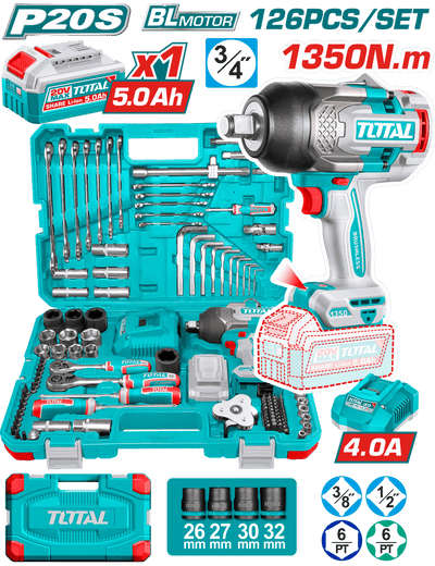TOTAL 126 Pcs Cordless Impact Wrench Tools Set – 1350Nm Torque, 3/4" Drive, 20V + Accessories (THKTHP31262)