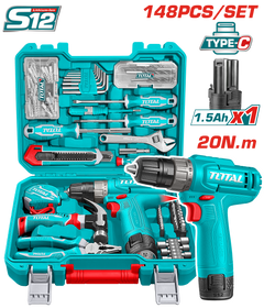 TOTAL 148 Pcs Tool Set with 12V Cordless Drill – Complete Home & Workshop Kit (THKTHP41487)