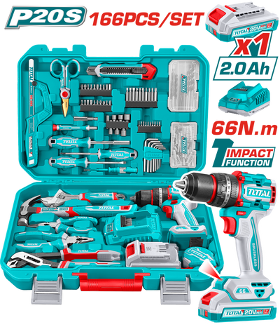 TOTAL 166 Pcs Cordless Tool Set – 20V Impact Drill with Hand Tools & Accessories (THKTHP41667)
