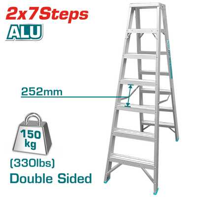TOTAL Double-Sided Aluminum Step Ladder – 2×7 Steps, 150kg Load Capacity (THLAD01071)