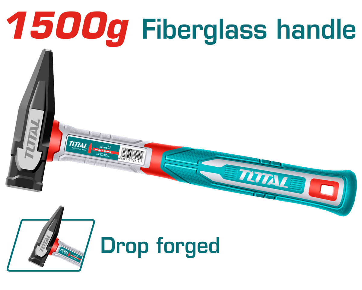 TOTAL Machinist Hammer 1500g – Drop-Forged Carbon Steel Head with Fiberglass Handle (THMH621500)