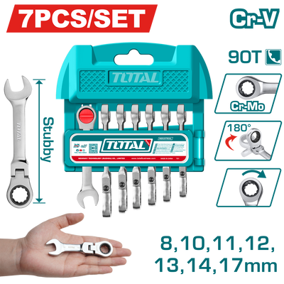 TOTAL 7 Pcs Short Flexible Ratchet Spanner Set – 90 Teeth, 8–17mm Cr-V (THT103RK676)