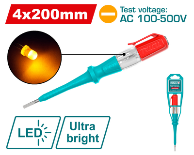 TOTAL Electric Voltage Tester Screwdriver 100–500V AC – Battery-Free LED Test Pencil 200mm (THT292018)